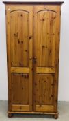 HONEY PINE TWO DOOR WARDROBE, W 93CM X D 56CM X H 189CM.