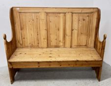 A LARGE HIGH BACK PINE PEW, LENGTH 153CM.