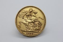 1899 FULL SOVEREIGN GOLD BULLION COIN.