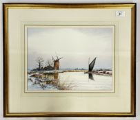S.F. CLARKE WATERCOLOUR OF BROADLAND WINTER SCENE 48 CM X 56CM INCLUDING FRAME.