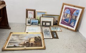 A GROUP OF FRAMED PICTURES AND PRINTS TO INCLUDE LARGE OIL ON CANVAS OF PUNT BOAT SIGNED L GUARDI,