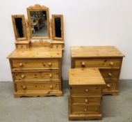 A PAIR OF GOOD QUALITY SOLID PINE 3 DRAWER CHESTS EACH W 84 CM X D 52CM X H 76CM + TWO DRAWER