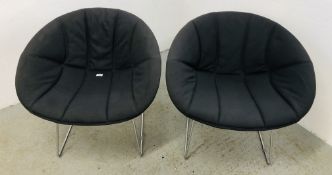 A PAIR OF PEDRALI GLISS LOUNGE 340 ARMCHAIRS WITH SLED BASE AND DARK GREY FABRIC UPHOLSTERY.