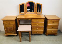 A GROUP OF HONEY PINE FURNITURE TO INCLUDE 4 DRAWER DRESSING TABLE, STOOL, TRIPLE MIRROR,