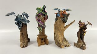 4 X COMPOSITE DRAGON SCULPTURES, 3 MOUNTED ON DRIFTWOOD.