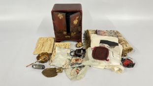 A GROUP OF DECORATIVE COLLECTIBLES TO INCLUDE CHINESE EMBROIDERY, TAGUA NUT, SCENT BOTTLE,