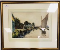 C HANNAFORD BROADLAND RIVER SCENE WITH WHERRY WATERCOLOUR 25.5 X 37CM.
