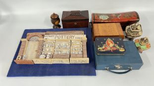 A VINTAGE TEA CADDY, AN ORIENTAL LACQUERED BOX,