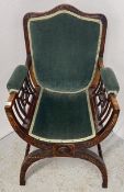 ANTIQUE X-FRAME MAHOGANY ARM CHAIR AND A SMALL OAK GATE LEG TABLE WITH BOBBIN DETAIL LEGS.