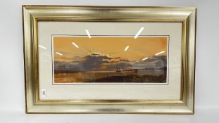 TONY GARNER: SUNSET COASTAL SCENE PASTEL SIGNED 22 X 54.5CM.