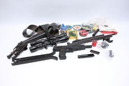 A GROUP OF AIR GUN ACCESSORIES TO INCLUDE TASCO 3-9X40 SCOPE, BIPOD, BARRELS, Co2 CAPSULES,