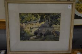 Mackenzie, figures on a bridge, watercolour and another similar, a pair.