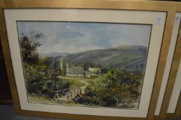 Lance O'Gorman (New Zealand), mountainous landscape with church and bridge, oil on board, signed.