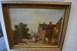 L Roth, Dutch street scene with buildings, trees and figures, oil on canvas, signed.