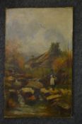 Rural river landscape with a women holding a basket, cottage in the distance, oil on canvas,