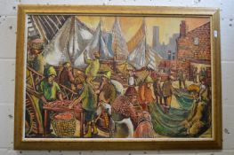 Derek Higginson, cleaning the fish and nets, oil on canvas.