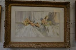 Gordon King, a recumbent female nude lying across a pillow, watercolour, signed.