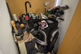 Golfing equipment to include clubs, bags, brollies etc.