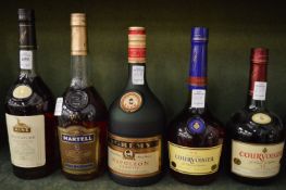 Five bottles of brandy by Hine and others.