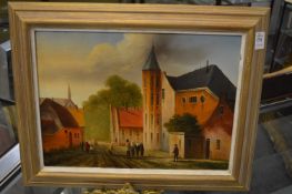 Continental street scene with buildings and figures on a path, oil on canvas.