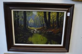 Wooded river landscape, oil on board.