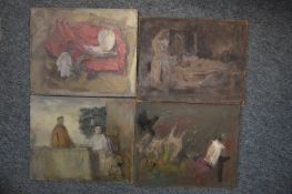 George Weissbort, figures by a table, oil on board, unframed and three others.