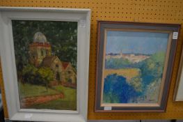 R Hewish, Continental landscape with buildings beyond, oil on board together with another
