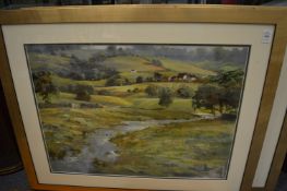 Lance O'Gorman (New Zealand), a mountainous river landscape with buildings and trees, oil on