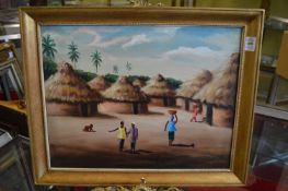 African village scene with figures and straw huts, oil on canvas.