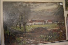 George Weissbort, open landscape with avenue of trees and buildings, oil on board, unframed.