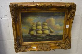 Sailing ship at sea, contemporary oil painting in a decorative gilt frame.