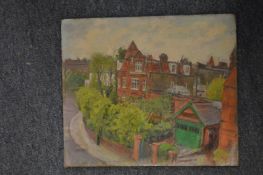 George Weissbort, scene of town houses, oil on board, unframed and various other art work by the