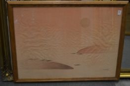 Chinese School, junks at sea in a sunset, watercolour.