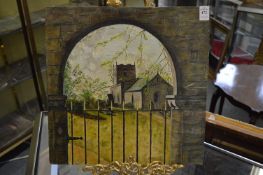Scene of a church through a wrought iron gate, oil on board, unframed.