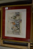 A pair of colour engravings depicting playful children and a Chinese watercolour painting.
