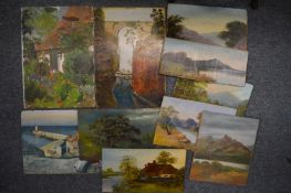 A group of ten small unframed oil paintings depicting rural river landscapes and other scenes.