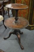 A 19th century mahogany circular two-tier dumb waiter on tripod base.