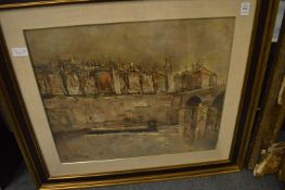 River scene with buildings and fishing boat with bridge, oil on board, signed.