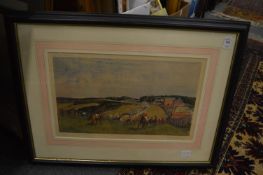Lionel Edwards, Steeplechase scene, colour print, pencil signed and three other pictures.