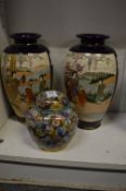A Japanese Millefiori cloisonne ginger jar and cover and a pair of satsuma vases.
