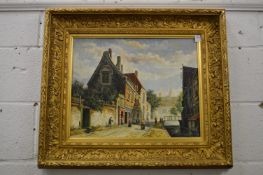 L Roth, a Dutch street scene with canal and figures, oil on panel.