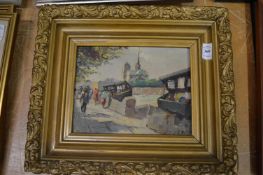 Street scene with figures, oil on canvas in a decorative frame.