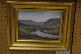 Andrew Welch, mountainous river landscape with a stone bridge, oil on board.