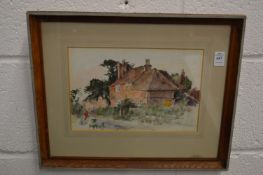 George Weissbort, country cottages with a figure on a path, watercolour, signed and dated 1957.