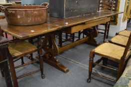 A good oak refectory style drawer leaf dining table, closed size 175cm x 92cm, extended size 274cm x