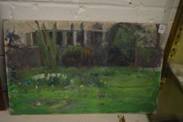 George Weissbort, rural landscape with buildings, oil on board, unframed.