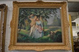 An amorous couple gathered beneath a cherry tree, oil on canvas, signed.