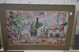 George Weissbort, watercolour painting depicting figures working outside buildings, unframed, signed