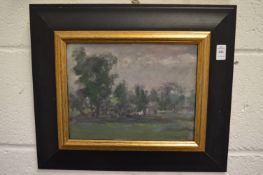 George Weissbort, landscape with trees and buildings, oil on board, signed and dated 1970.
