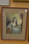 A pensive female seated figure, watercolour.
